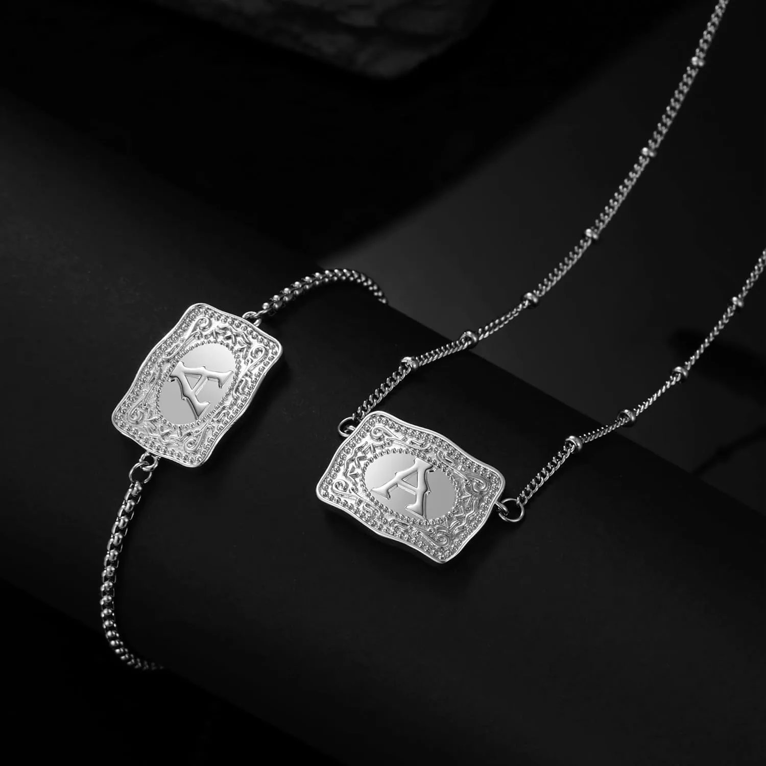 2 Pcs Belt Buckle Initial Necklace Bracelet Jewelry Set for Women, 18K Gold/Silver Plated Belt Buckle Initial A-Z Necklace Bracelet Set Unique Western Style Jewelry Gifts