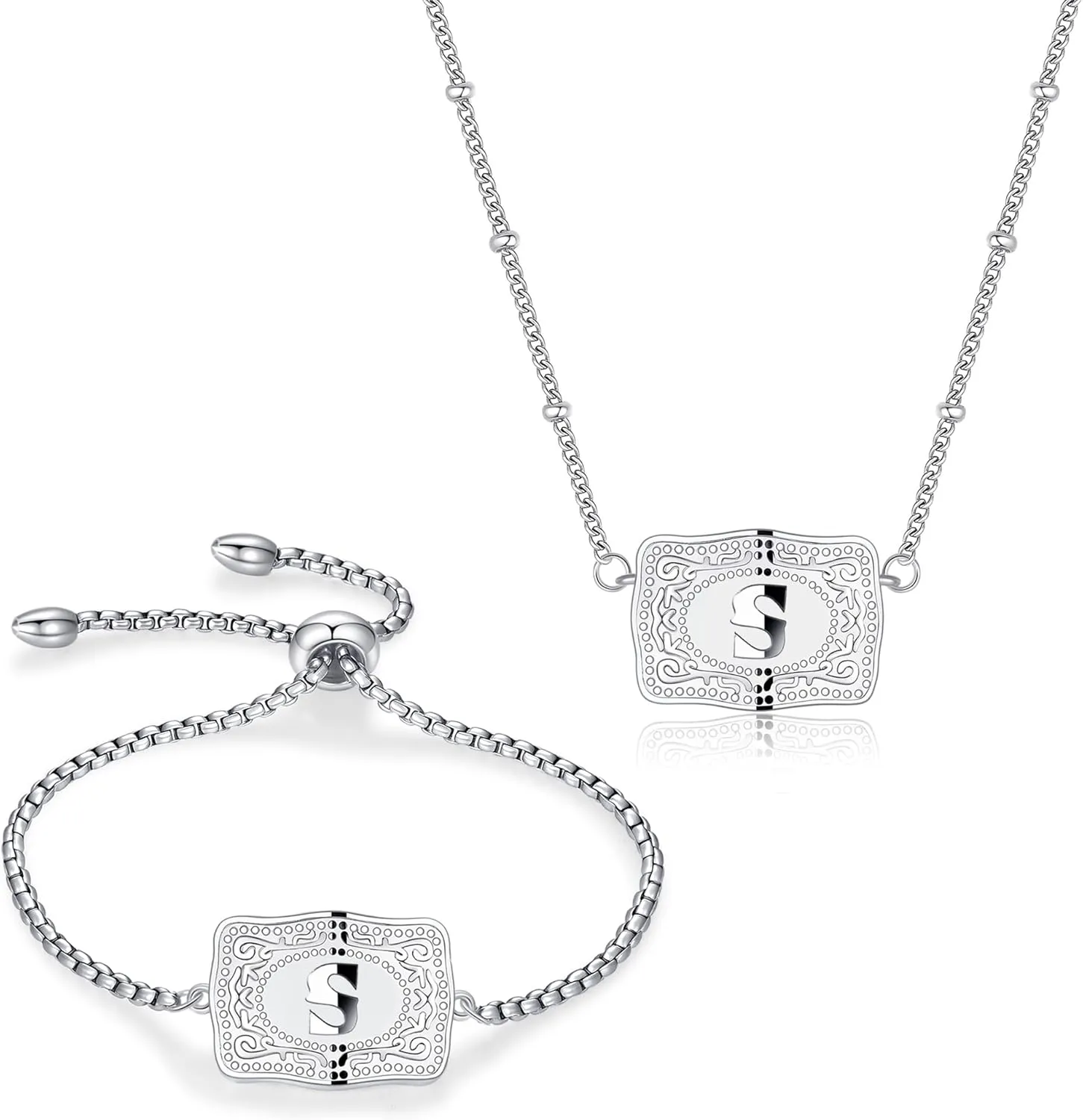 2 Pcs Belt Buckle Initial Necklace Bracelet Jewelry Set for Women, 18K Gold/Silver Plated Belt Buckle Initial A-Z Necklace Bracelet Set Unique Western Style Jewelry Gifts