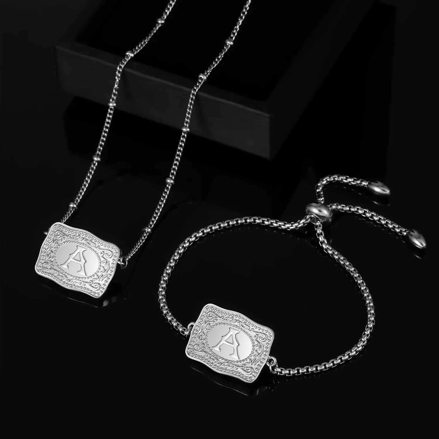 2 Pcs Belt Buckle Initial Necklace Bracelet Jewelry Set for Women, 18K Gold/Silver Plated Belt Buckle Initial A-Z Necklace Bracelet Set Unique Western Style Jewelry Gifts