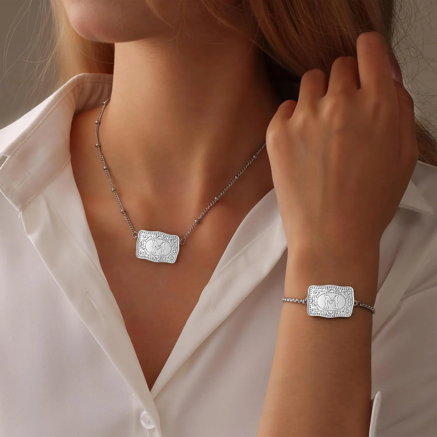 2 Pcs Belt Buckle Initial Necklace Bracelet Jewelry Set for Women, 18K Gold/Silver Plated Belt Buckle Initial A-Z Necklace Bracelet Set Unique Western Style Jewelry Gifts