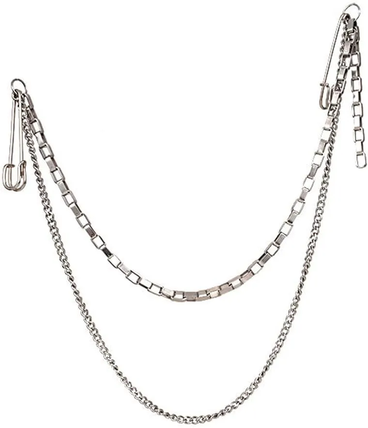 2 Pcs Dual Chain Brooch Pin Punk Hanging Chains Safety Pin Corsage Pin for Women and Men