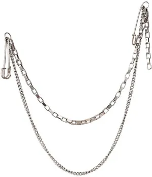 2 Pcs Dual Chain Brooch Pin Punk Hanging Chains Safety Pin Corsage Pin for Women and Men