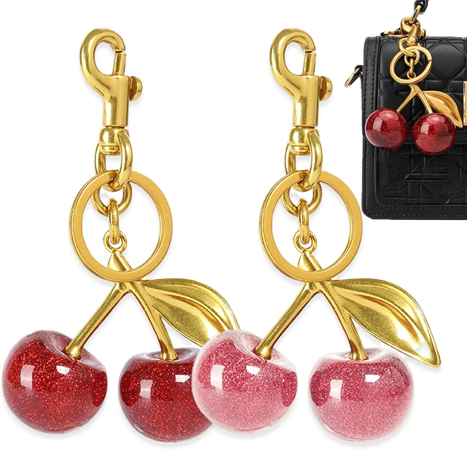 2 PCS Glitter Cherry Bag Charm Keychains Cute Key Chains Fashion Cherries Bag Accessory for Women Girls Purse Bag Backpack Handbags Key Decorate Accessories (Red, Pink