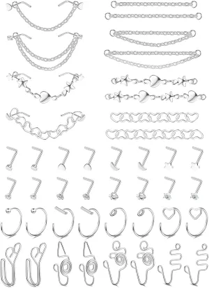 20G Nose Ring Nose Chain Piercing Across CZ L Shaped Nostril Stud Small Nose Hoop African Cuff Ring Stainless Steel Double Heart Star Nose Ring Chain Piercing Jewelry Set for Women Men 32 Pcs