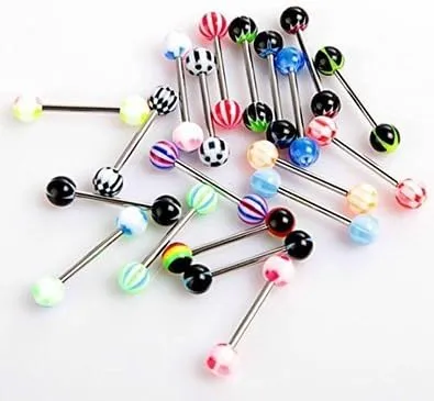 20pcs Colorful Stainless Steel Ball Barbell Tongue Rings Bars Piercing