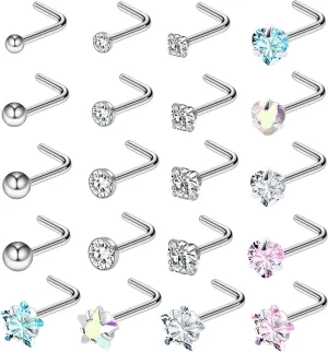 20Pcs Nose Rings Hypoallergenic Titanium Steel L-Shaped Nose Studs Screw, Transparent Colorful Multi-Shaped Zircon and Ball 20G Nose Stud Set, Fashionable and Simple Piercing Jewelry for Men and Women