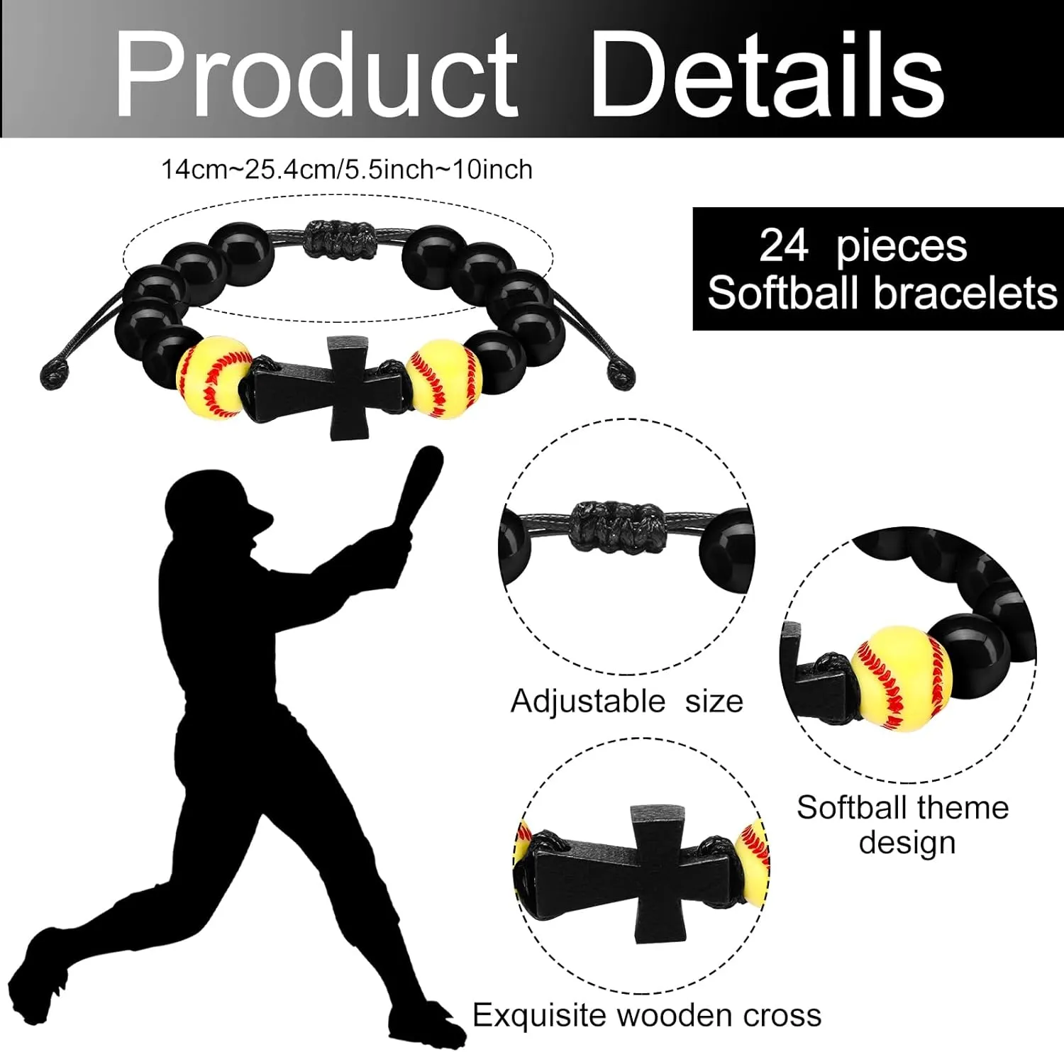 24 Pcs Adjustable Charm Basketball Soccer Softball Baseball Sports Bracelets Rosary Beaded with Wood Cross Pendant
