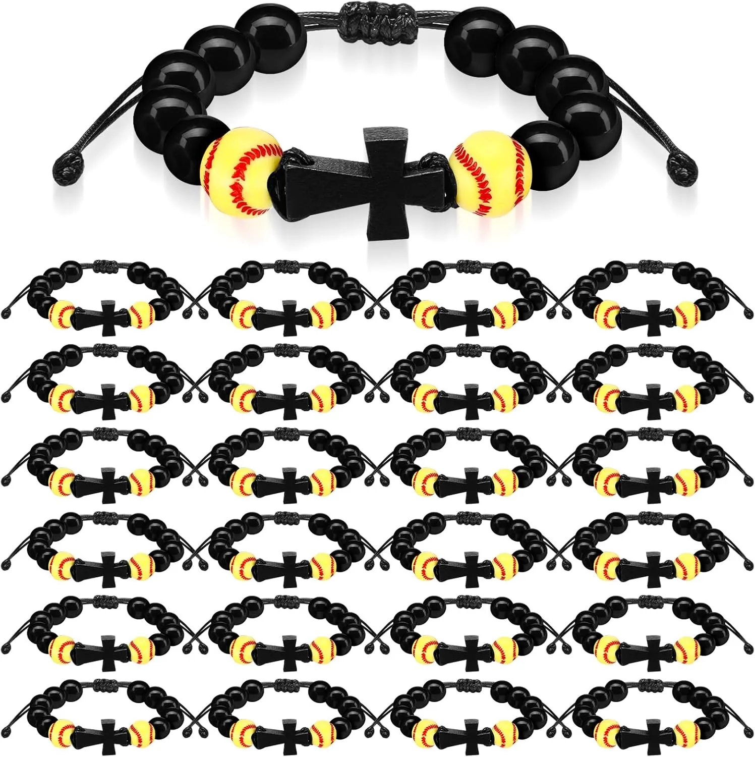 24 Pcs Adjustable Charm Basketball Soccer Softball Baseball Sports Bracelets Rosary Beaded with Wood Cross Pendant