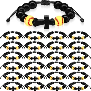 24 Pcs Adjustable Charm Basketball Soccer Softball Baseball Sports Bracelets Rosary Beaded with Wood Cross Pendant