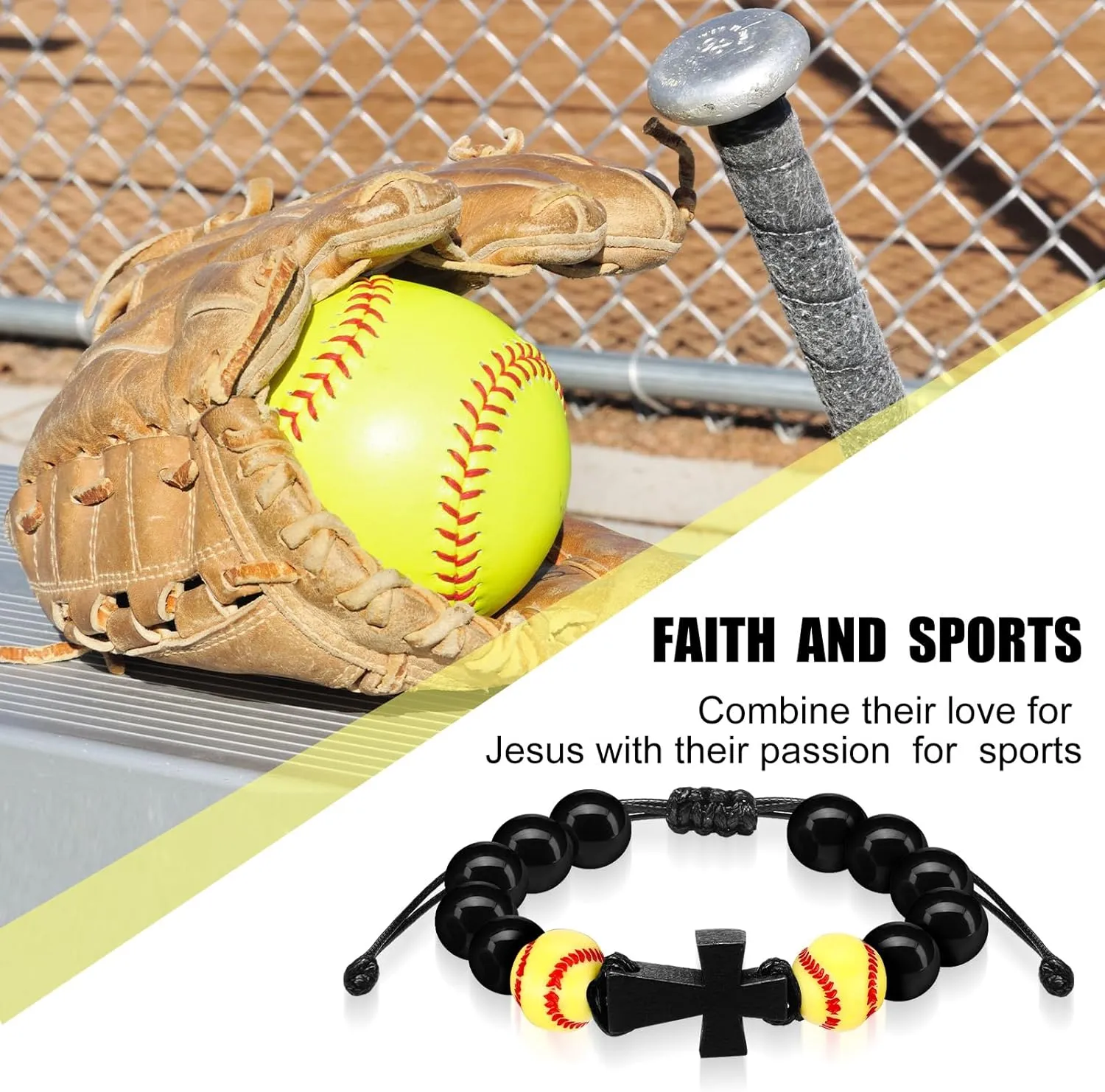 24 Pcs Adjustable Charm Basketball Soccer Softball Baseball Sports Bracelets Rosary Beaded with Wood Cross Pendant