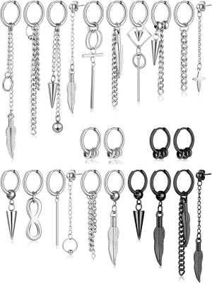 24 Pieces Stainless Steel Dangle Hoop Earrings Huggie Hinged Hoop Earrings with Long Dangle Feather Leaf