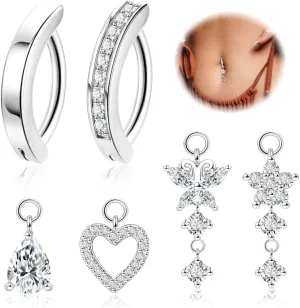 2Pcs 14K Gold Plated Clicker Belly Button Ring for Women Hypoallergenic Surgical Steel Dangle Belly Rings CZ Simple Reverse Navel Rings with 4pcs Dangle Pendants
