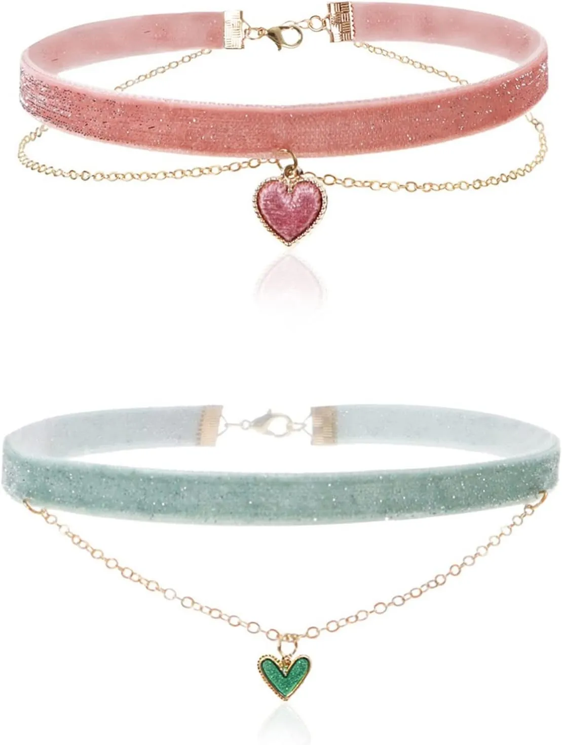 2Pcs Bling Bling Velvet Choker Necklace Set with Heart Pendant - Romantic Pastel Pink and Mint Green - Adjustable Collars for Women