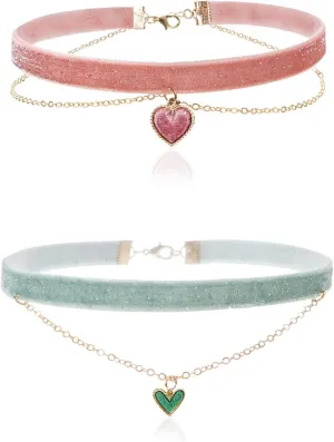 2Pcs Bling Bling Velvet Choker Necklace Set with Heart Pendant - Romantic Pastel Pink and Mint Green - Adjustable Collars for Women
