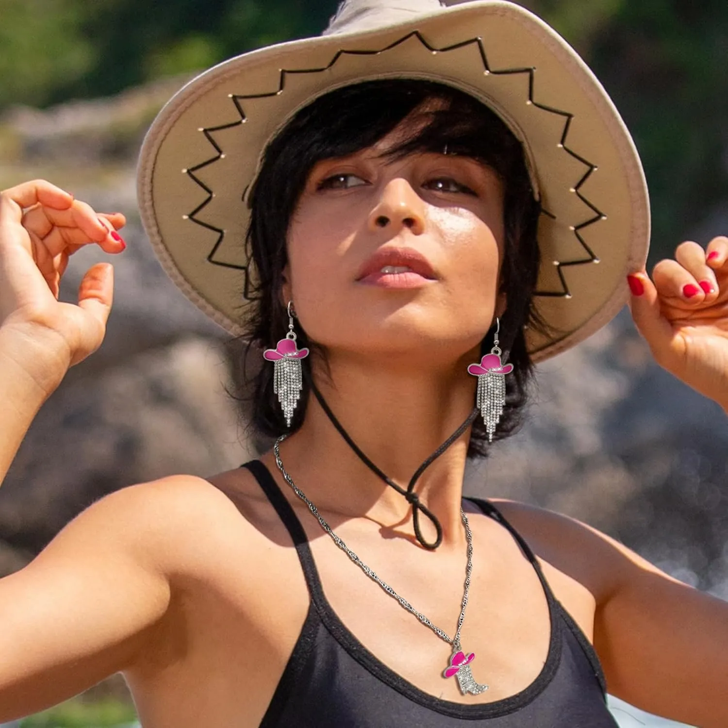 2pcs Western Earrings Necklace Jewelry Set,Sparkly Rhinestone Tassels Cowgirl Earrings Crystal Boots with Enamel Cowboy Hat Pendant Necklac for Women,Wild West Country Rustic Style