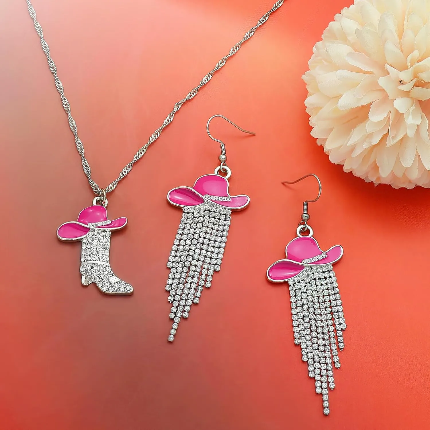 2pcs Western Earrings Necklace Jewelry Set,Sparkly Rhinestone Tassels Cowgirl Earrings Crystal Boots with Enamel Cowboy Hat Pendant Necklac for Women,Wild West Country Rustic Style