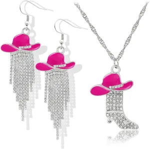 2pcs Western Earrings Necklace Jewelry Set,Sparkly Rhinestone Tassels Cowgirl Earrings Crystal Boots with Enamel Cowboy Hat Pendant Necklac for Women,Wild West Country Rustic Style