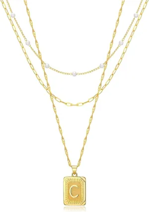 3 Layer 18K Gold Plated Chain Letter Necklace for Women Stylish Multi-Layered Pearl Paperclip Necklaces Initial Pendant Design Trendy Separate Chains 2" Adjustable Extender Hypoallergenic