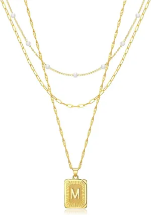3 Layer 18K Gold Plated Chain Letter Necklace for Women Stylish Multi-Layered Pearl Paperclip Necklaces Initial Pendant Design Trendy Separate Chains 2" Adjustable Extender Hypoallergenic