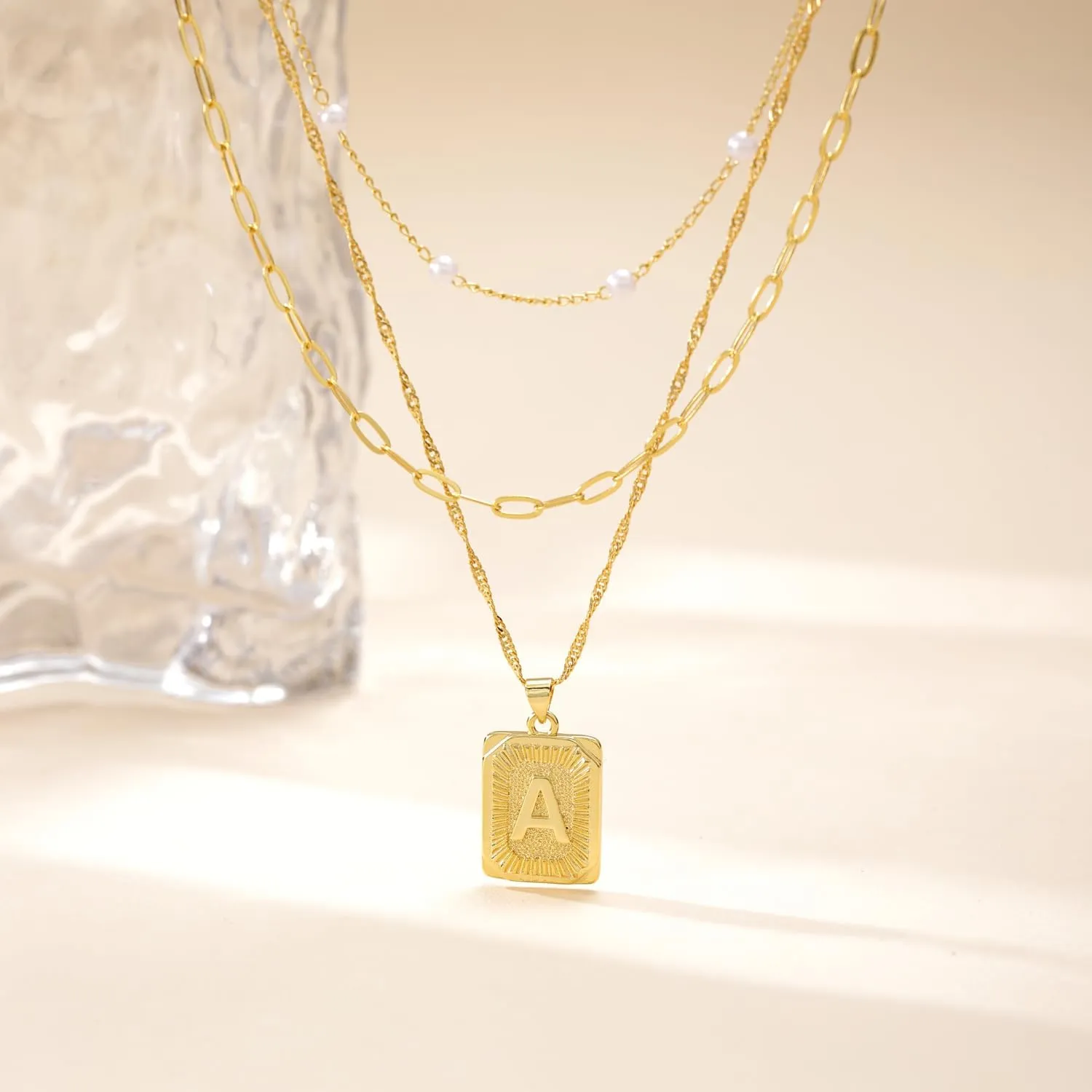 3 Layer 18K Gold Plated Chain Letter Necklace for Women Stylish Multi-Layered Pearl Paperclip Necklaces Initial Pendant Design Trendy Separate Chains 2" Adjustable Extender Hypoallergenic