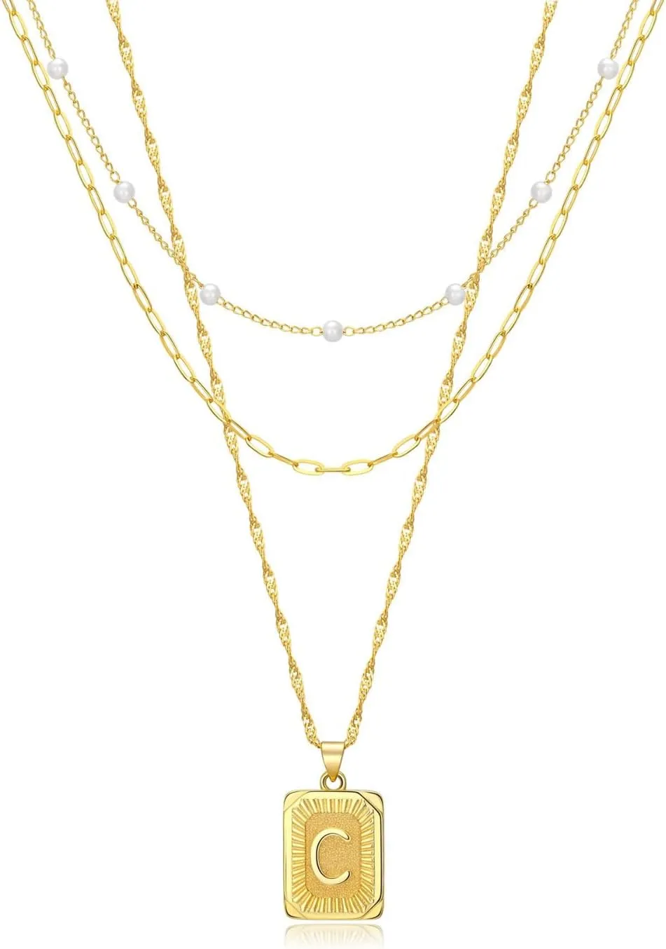 3 Layer 18K Gold Plated Chain Letter Necklace for Women Stylish Multi-Layered Pearl Paperclip Necklaces Initial Pendant Design Trendy Separate Chains 2" Adjustable Extender Hypoallergenic