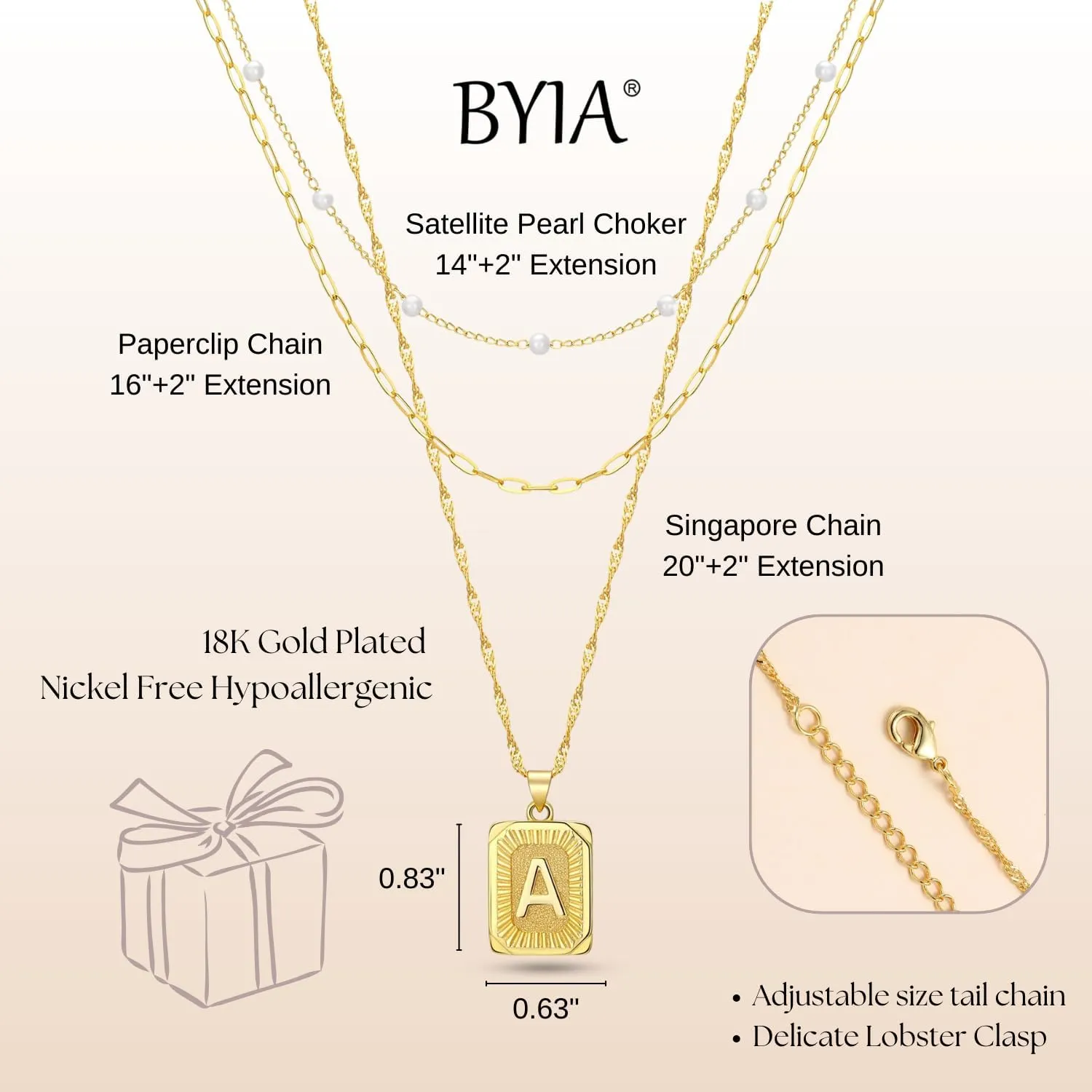 3 Layer 18K Gold Plated Chain Letter Necklace for Women Stylish Multi-Layered Pearl Paperclip Necklaces Initial Pendant Design Trendy Separate Chains 2" Adjustable Extender Hypoallergenic