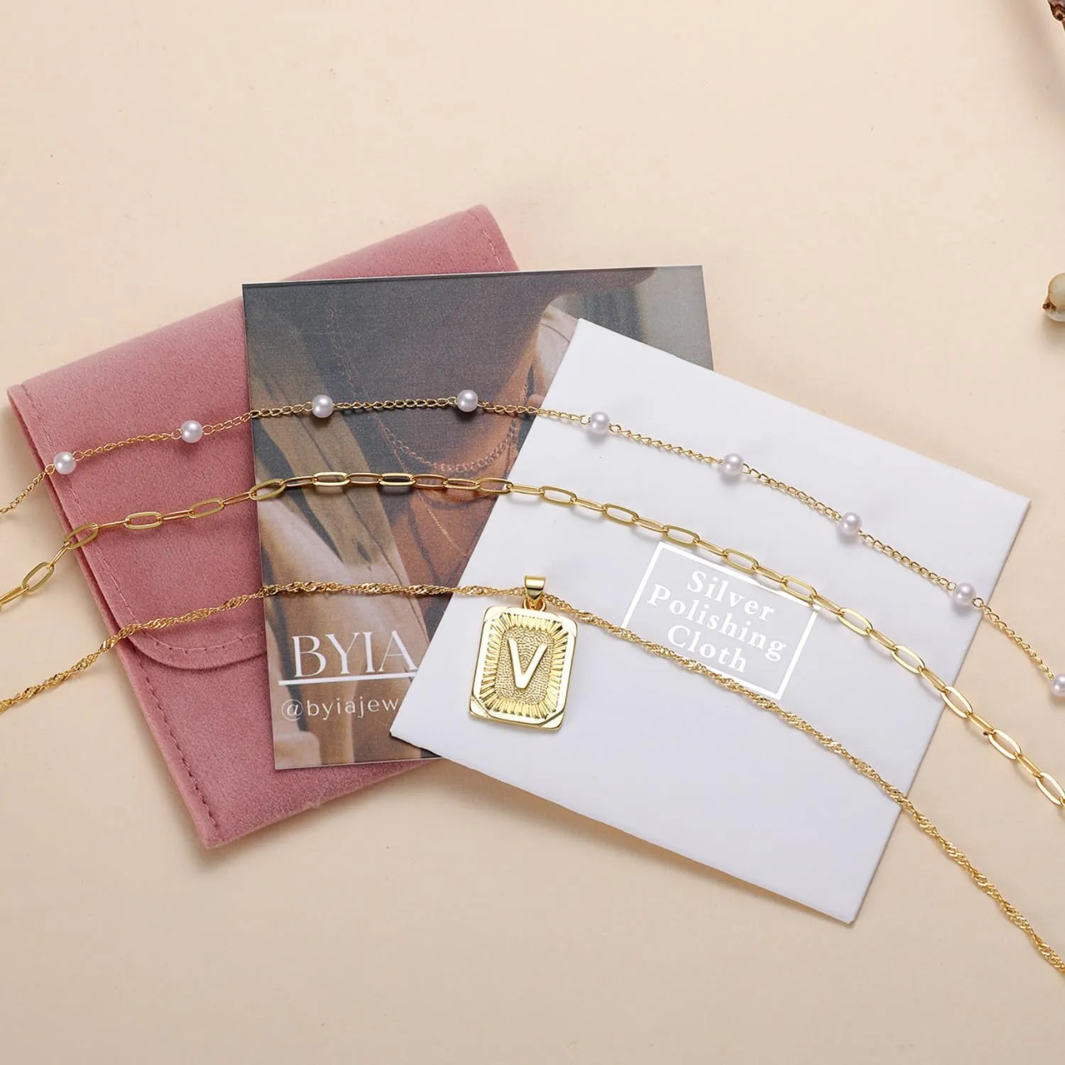 3 Layer 18K Gold Plated Chain Letter Necklace for Women Stylish Multi-Layered Pearl Paperclip Necklaces Initial Pendant Design Trendy Separate Chains 2" Adjustable Extender Hypoallergenic