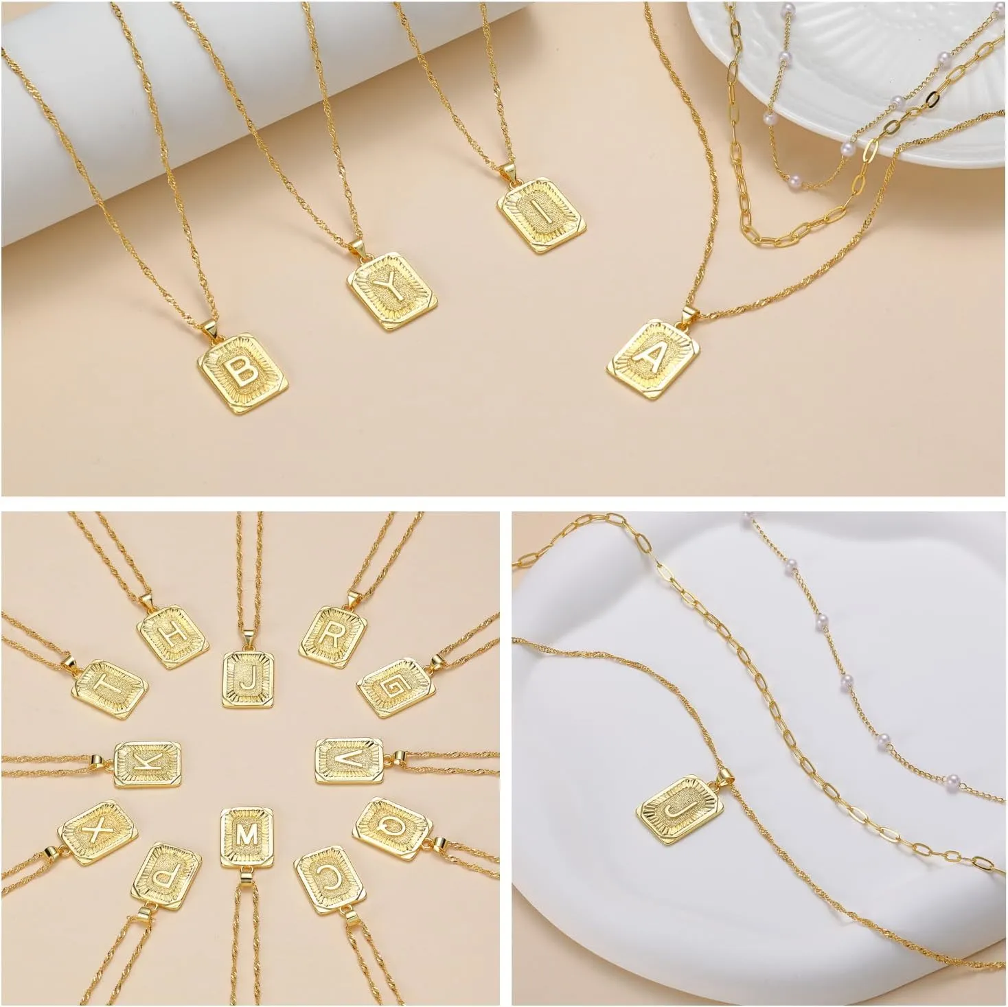 3 Layer 18K Gold Plated Chain Letter Necklace for Women Stylish Multi-Layered Pearl Paperclip Necklaces Initial Pendant Design Trendy Separate Chains 2" Adjustable Extender Hypoallergenic
