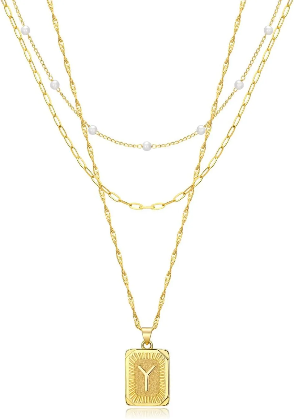 3 Layer 18K Gold Plated Chain Letter Necklace for Women Stylish Multi-Layered Pearl Paperclip Necklaces Initial Pendant Design Trendy Separate Chains 2" Adjustable Extender Hypoallergenic
