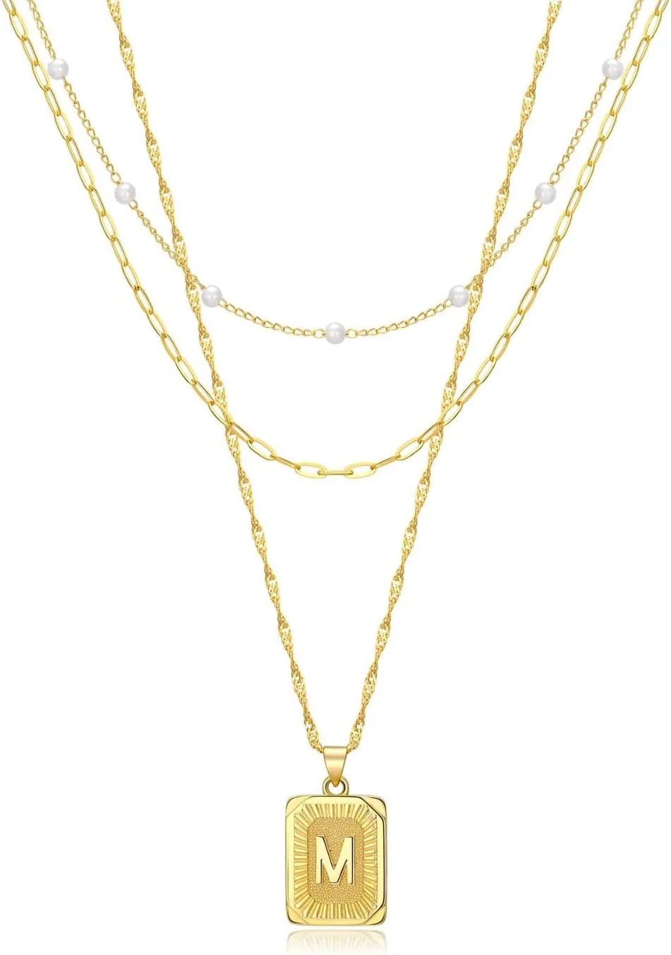 3 Layer 18K Gold Plated Chain Letter Necklace for Women Stylish Multi-Layered Pearl Paperclip Necklaces Initial Pendant Design Trendy Separate Chains 2" Adjustable Extender Hypoallergenic