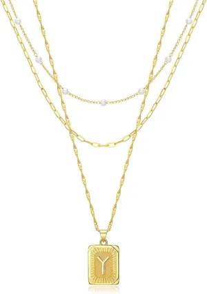 3 Layer 18K Gold Plated Chain Letter Necklace for Women Stylish Multi-Layered Pearl Paperclip Necklaces Initial Pendant Design Trendy Separate Chains 2" Adjustable Extender Hypoallergenic