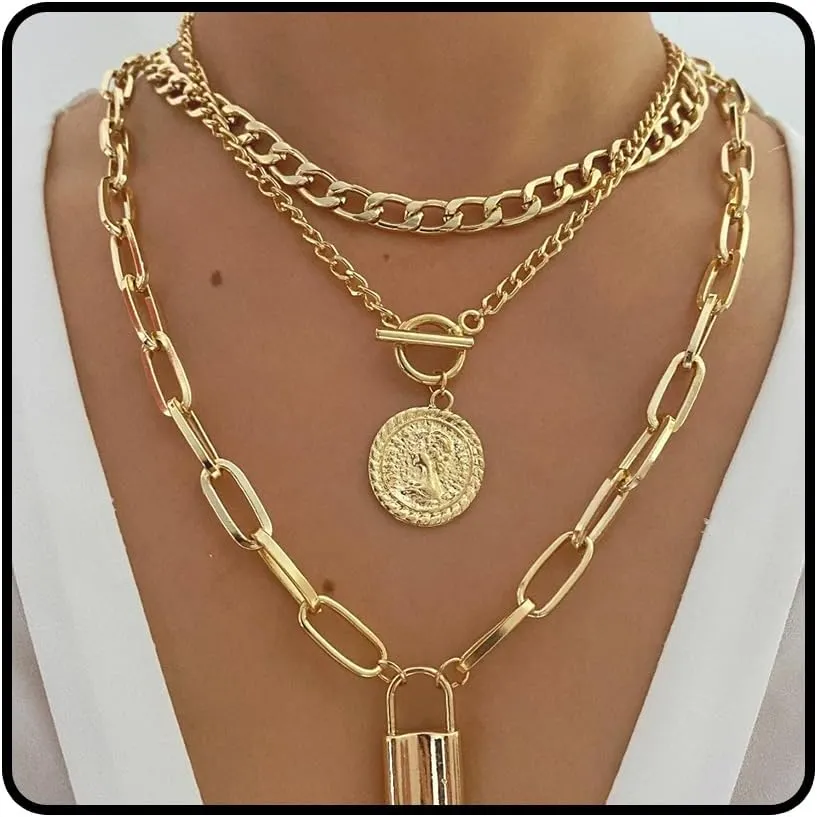 3 Pcs Chunky Gold Layered Necklaces Stackable Multilayer Link Chain Collar Punk Style Paperclip Chain Toggle Clasp Choker Gold Coin Lock Pendant Necklace Trendy Jewelry Gifts