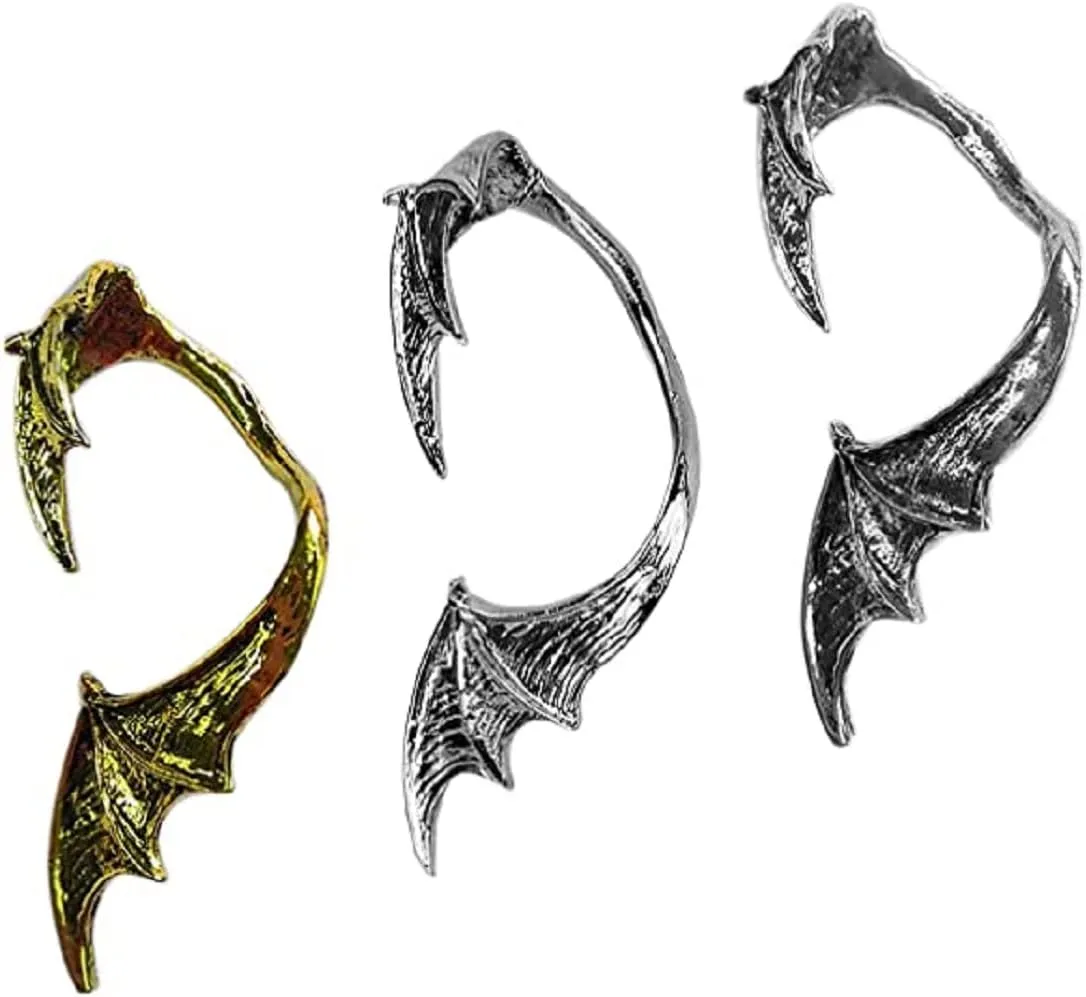 3 Pcs Gothic Punk Retro Metal Flying Dragon Bat Wing Ear Cuff Clip Earrings Ancient Silver Gun Black Bronze Animal Wrap Clip Halloween Party Unique Accessories Jewelry for Women Girls