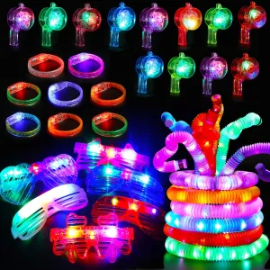 32Pcs Glow in the Dark Party Supplies,Light up Party Favors for Kid Adult Birthday Halloween Party with Glow Sticks Light Up Pop Tubes Flashing Glasses Bracelet Glow Whistles,Led Toys for Boys Girls