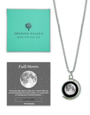 3D Custom Birth Moon Phase Necklace Jewelry with Gift Box - Rotatable Silver Double-Sided Moon Pendant Design, Perfect Jewelry Gift for Special Date, Birthday, Anniversary, Mothers Day