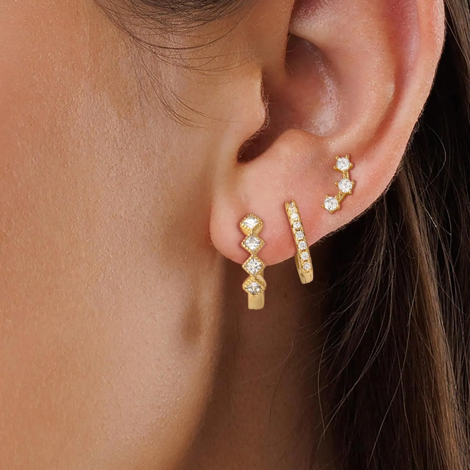 3Pairs Gold Hoop Earrings for Women, 14K Gold Plated Hoop Earrings Set Hypoallergenic Lightweight Hoops Stud Earrings Stack