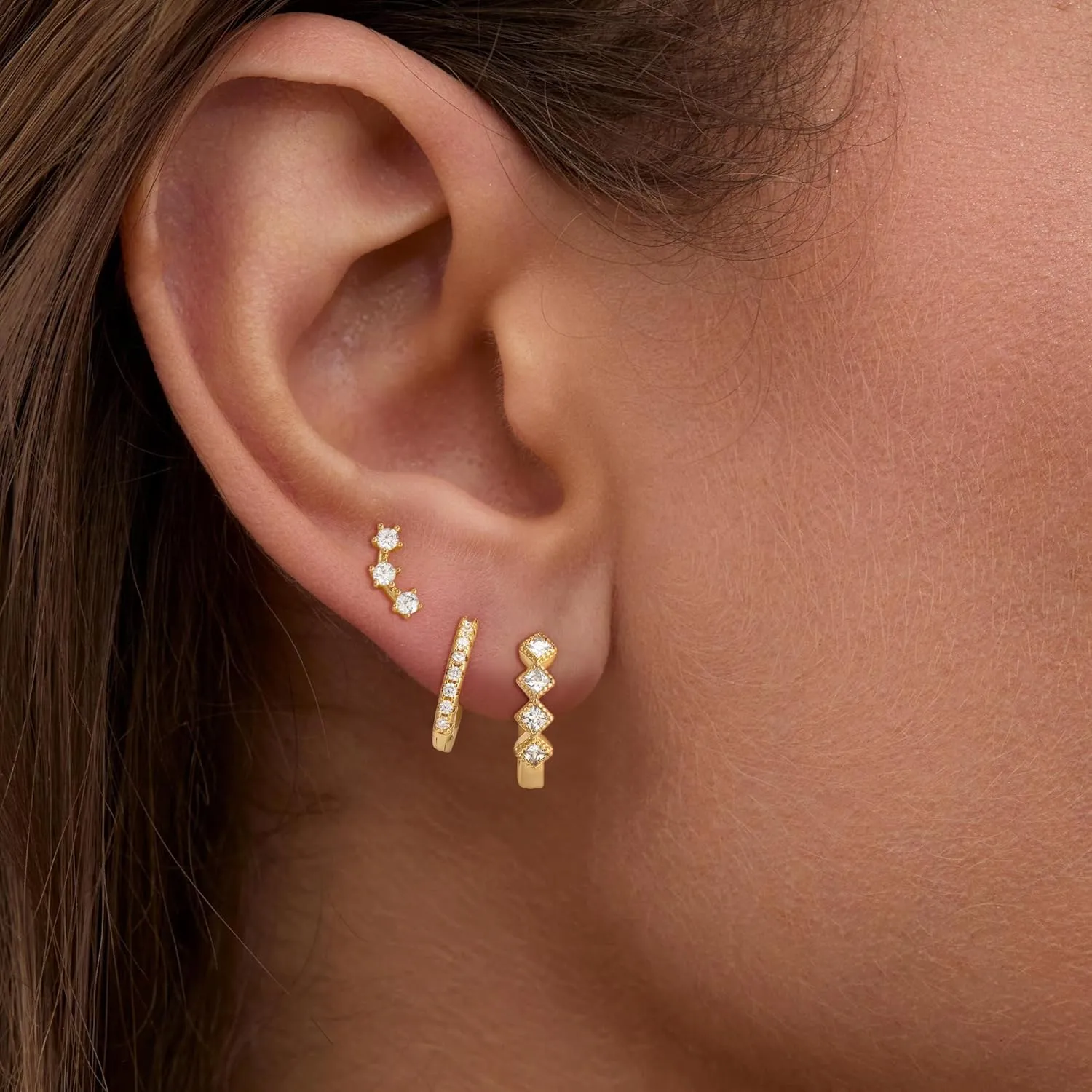 3Pairs Gold Hoop Earrings for Women, 14K Gold Plated Hoop Earrings Set Hypoallergenic Lightweight Hoops Stud Earrings Stack