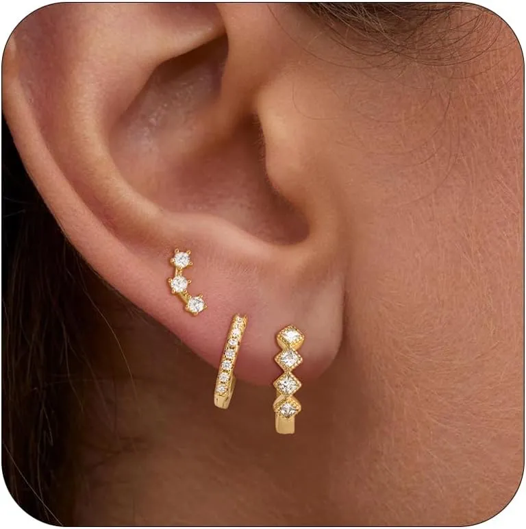 3Pairs Gold Hoop Earrings for Women, 14K Gold Plated Hoop Earrings Set Hypoallergenic Lightweight Hoops Stud Earrings Stack
