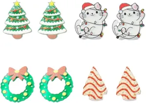 4 Pairs Acrylic Christmas Holiday Small Stud Earrings for Women Teen Girls Chritmas Tree Cat Pet Wreath Garland Biscuit Pierced Studs Earring Cute Xmas Festive Party Decorations Accessories Jewelry