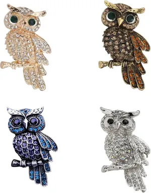 4 PCS Rhinestone Crystal Elegant Owl Fashion Brooch Pin Lapel Pins for Women (4 Colors)