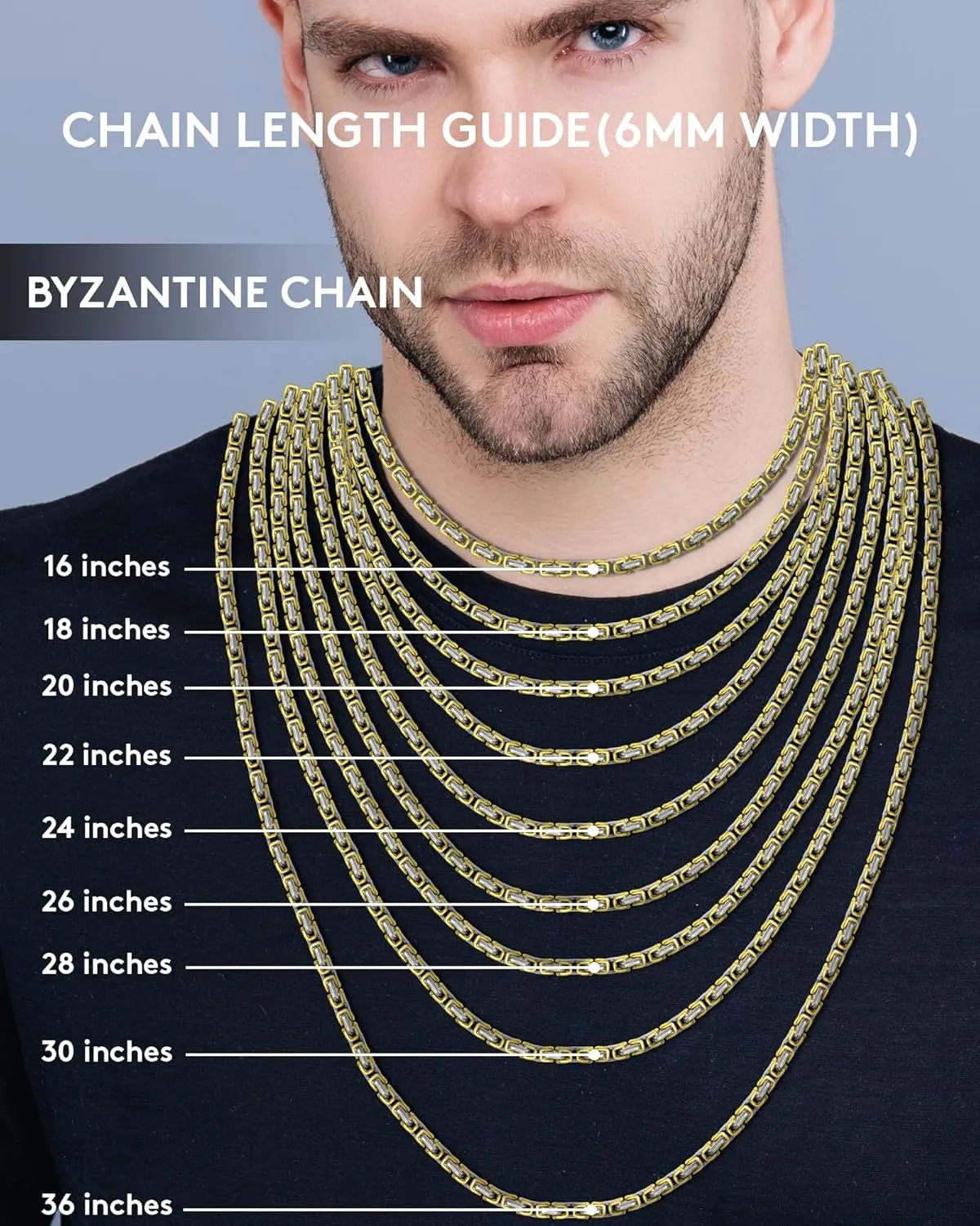 4mm/6mm/8mm/10mm Regal Byzantine Necklace for Men, Stylish and Chunky, Stainless Steel Necklace for Women - Gold Silve Black Tone, 16-36 Inches, Come with 2" Extension Chain