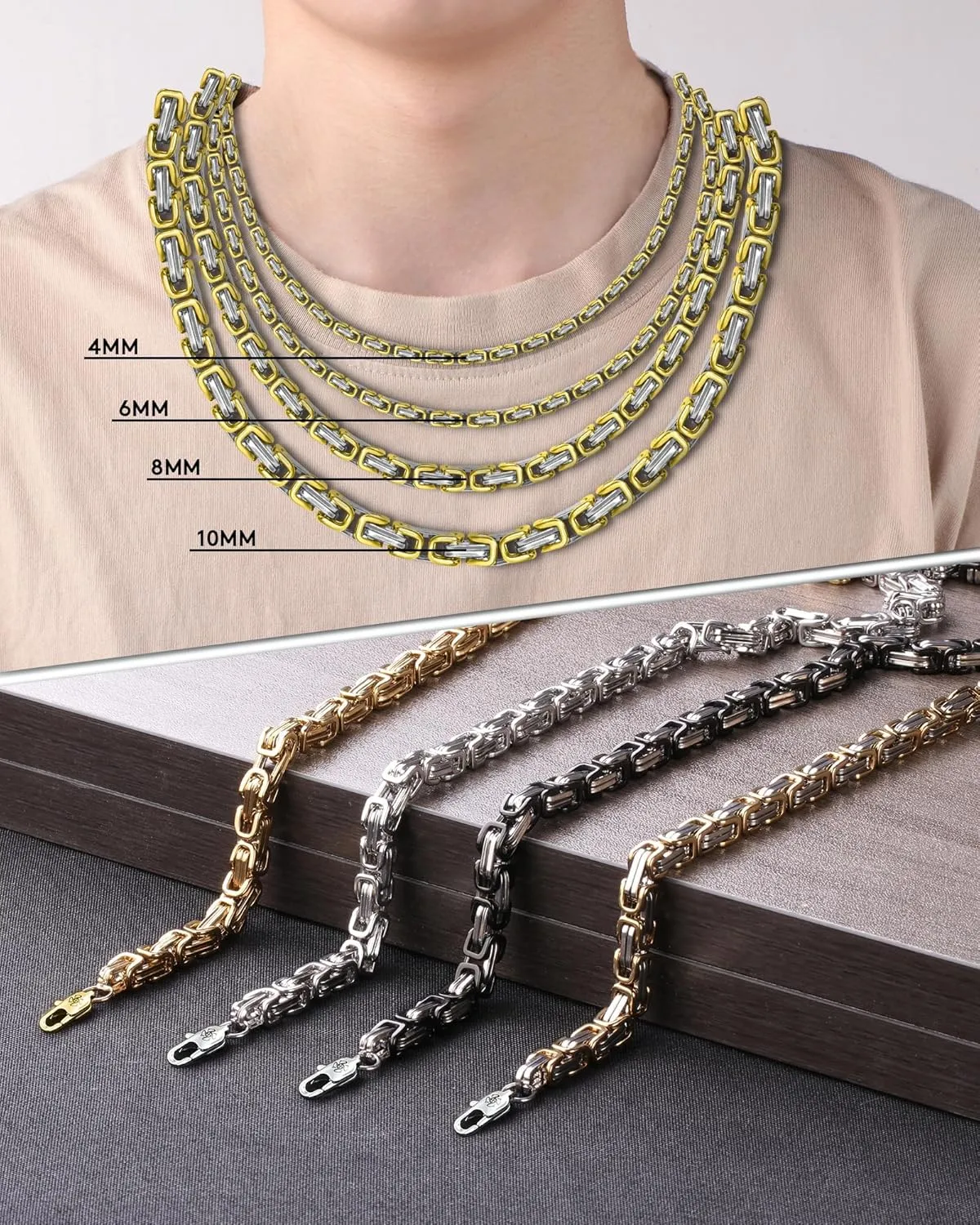 4mm/6mm/8mm/10mm Regal Byzantine Necklace for Men, Stylish and Chunky, Stainless Steel Necklace for Women - Gold Silve Black Tone, 16-36 Inches, Come with 2" Extension Chain