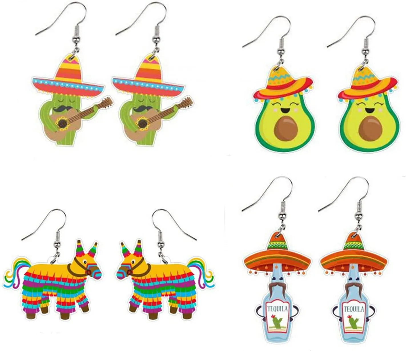 4Pairs Cinco De Mayo Piata Sombrero Maracas Chili Pepper Racket Horse Hat Avocado Cactus Drop Dangle Earring Set for Women Acrylic Mexican Themed Statement Earring Fiesta Jewelry Gift