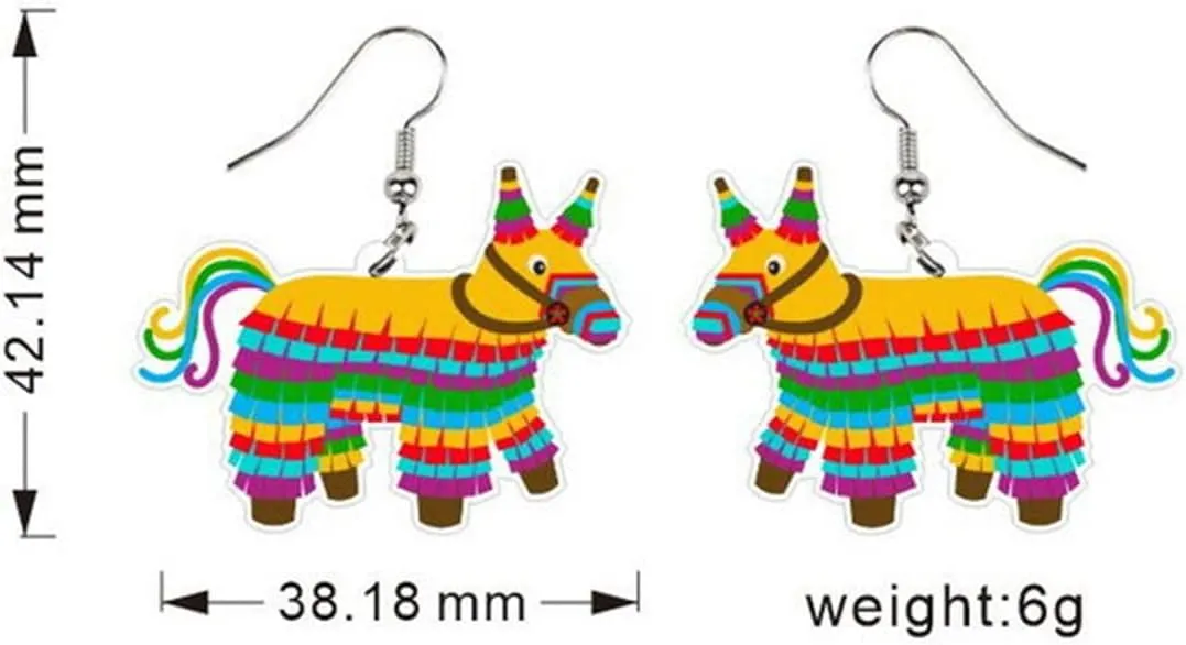 4Pairs Cinco De Mayo Piata Sombrero Maracas Chili Pepper Racket Horse Hat Avocado Cactus Drop Dangle Earring Set for Women Acrylic Mexican Themed Statement Earring Fiesta Jewelry Gift