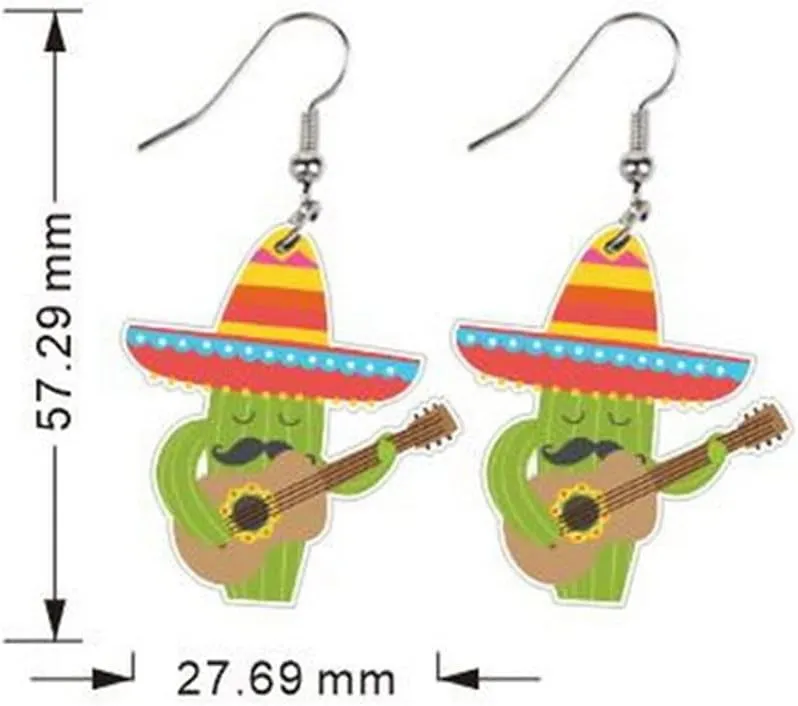 4Pairs Cinco De Mayo Piata Sombrero Maracas Chili Pepper Racket Horse Hat Avocado Cactus Drop Dangle Earring Set for Women Acrylic Mexican Themed Statement Earring Fiesta Jewelry Gift