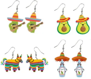 4Pairs Cinco De Mayo Piata Sombrero Maracas Chili Pepper Racket Horse Hat Avocado Cactus Drop Dangle Earring Set for Women Acrylic Mexican Themed Statement Earring Fiesta Jewelry Gift