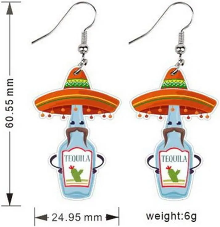 4Pairs Cinco De Mayo Piata Sombrero Maracas Chili Pepper Racket Horse Hat Avocado Cactus Drop Dangle Earring Set for Women Acrylic Mexican Themed Statement Earring Fiesta Jewelry Gift