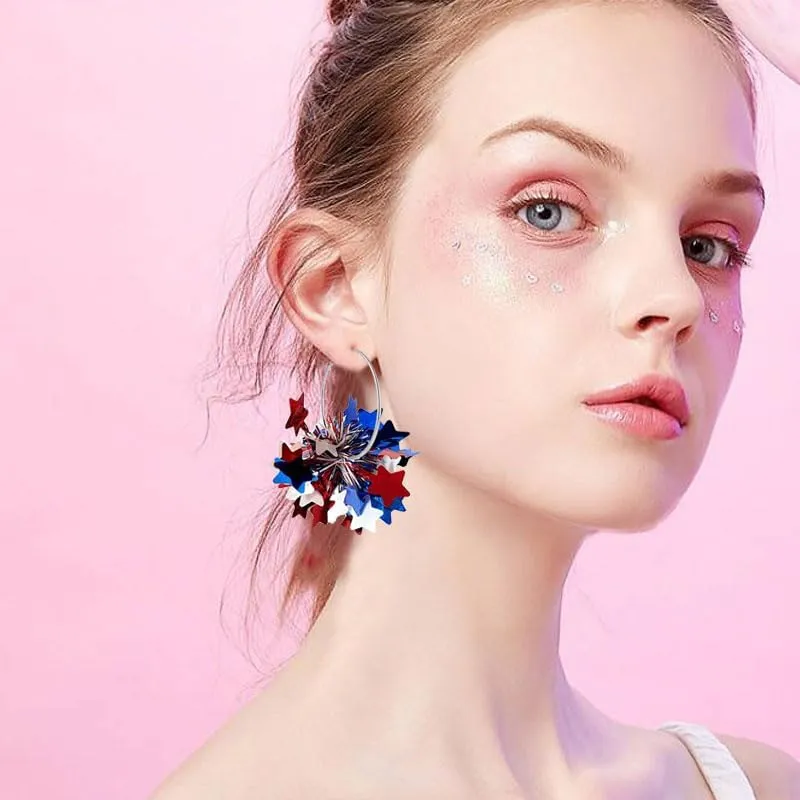 4th of July Hoop Earrings for Women Unique Independence Day Earring Glitter American USA Flag Earrings Charm Red White Blue Hoop Firework Shiny Earrings