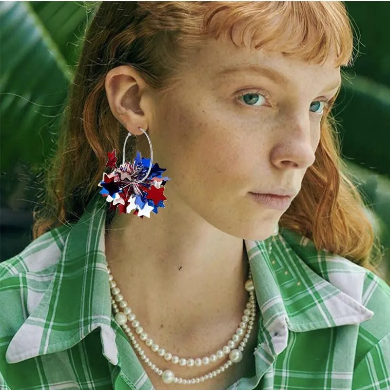 4th of July Hoop Earrings for Women Unique Independence Day Earring Glitter American USA Flag Earrings Charm Red White Blue Hoop Firework Shiny Earrings