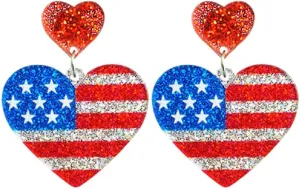 4th of July Patriotic Earrings Shinning Red White Blue Star USA American Flag Teardrop Heart Sequin Acrylic Dangle Earrings for Women Independence Day Drop Earrings Memorial Jewelry